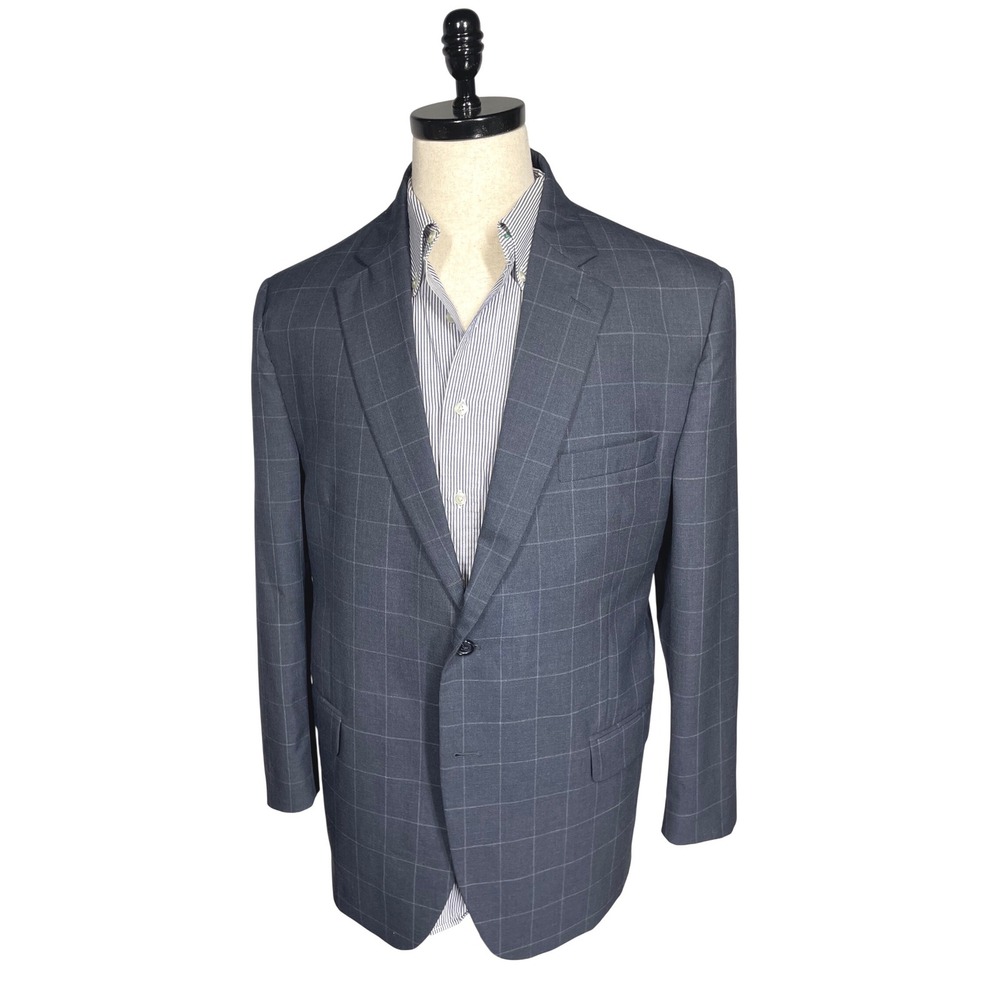 Jos A Bank 46R Blazer Mens Blue Slate Gray Windowpane PLAID Suit Jacket Timeless